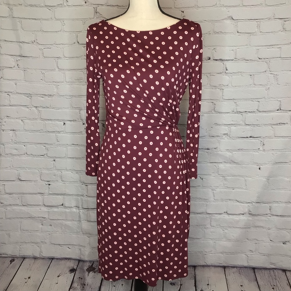 LOFT Burgundy Polka Dot Side Ruched Long Sleeve Boatneck Dress Small